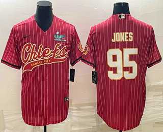 Mens Kansas City Chiefs #95 Chris Jones Red Pinstripe With Super Bowl LVII Patch Cool Base Stitched Baseball Jersey